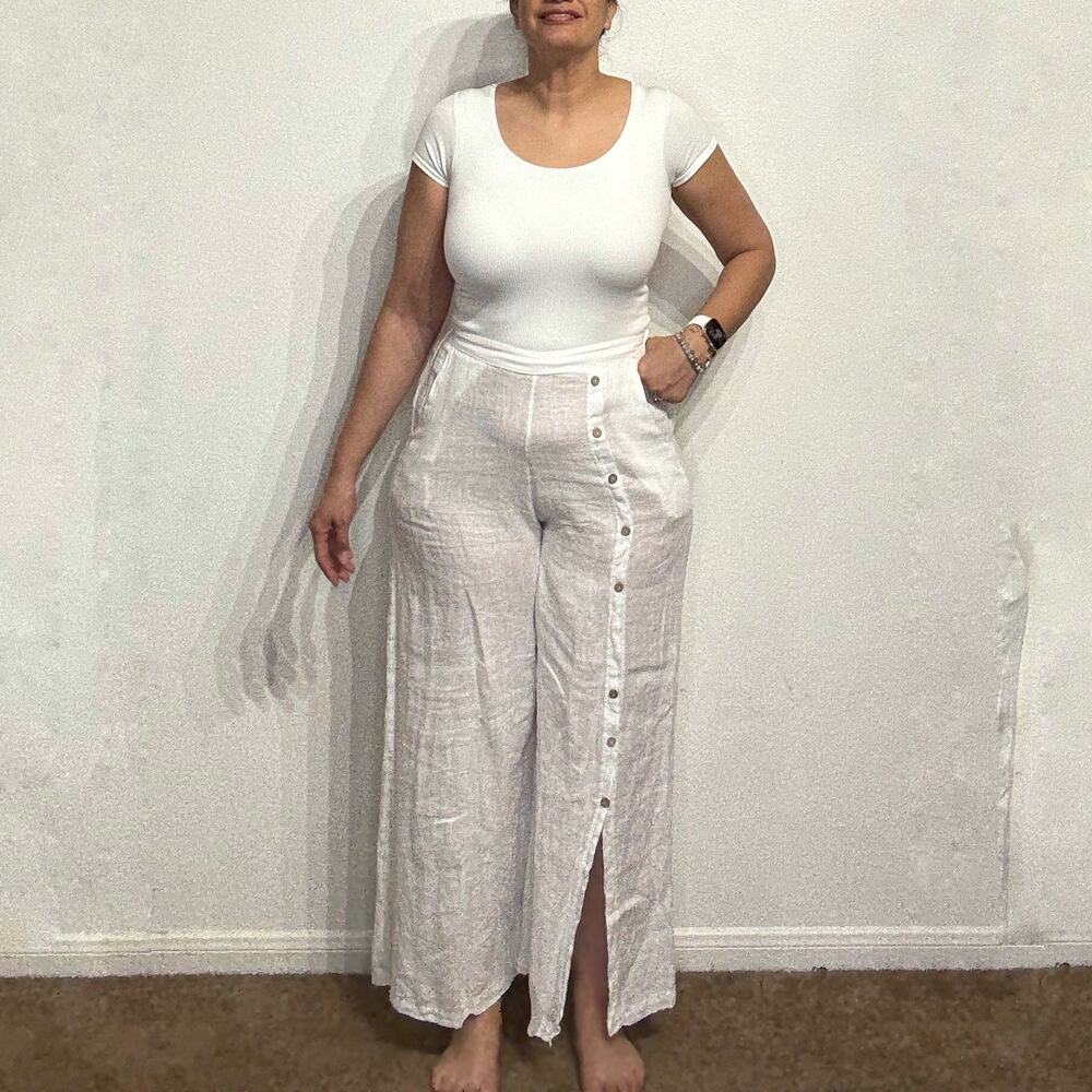 Oriana White High Rise Button Wide Leg Linen Pants Sz M